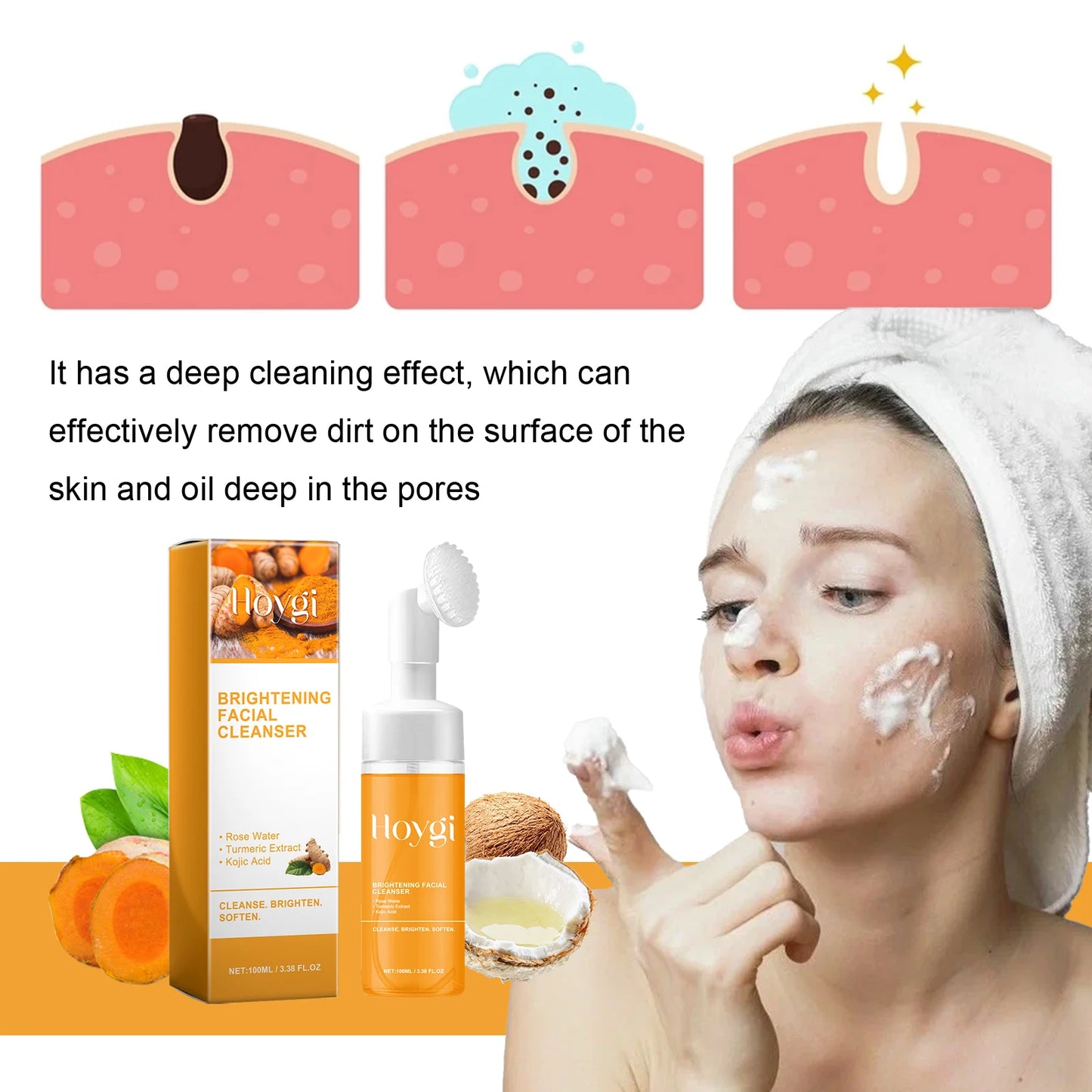 Turmeric & Kojic Acid Foaming Facial Cleanser – Blackhead Remover, Oil Control & Brightening (100ml)