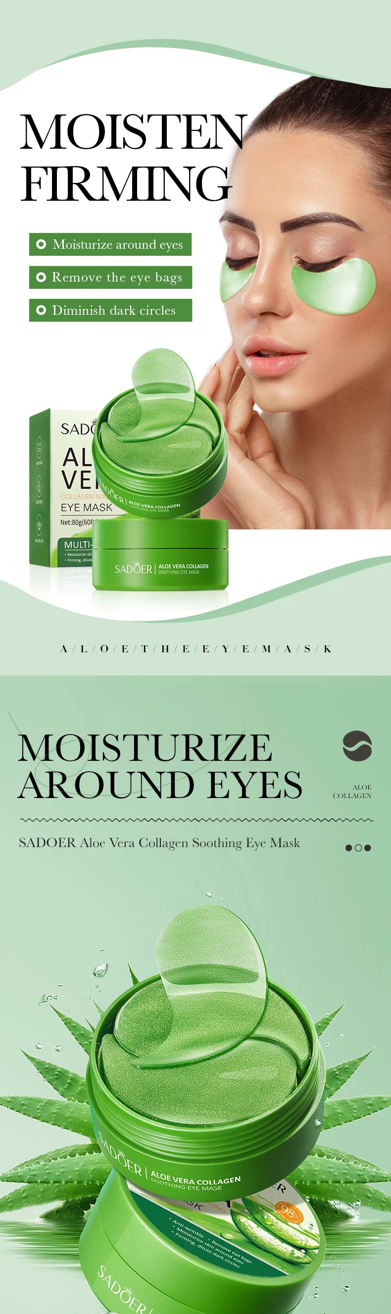 SADOER Aloe Vera & Collagen Under-Eye Masks – Anti-Wrinkle & Dark Circle Patches, 60 Pieces