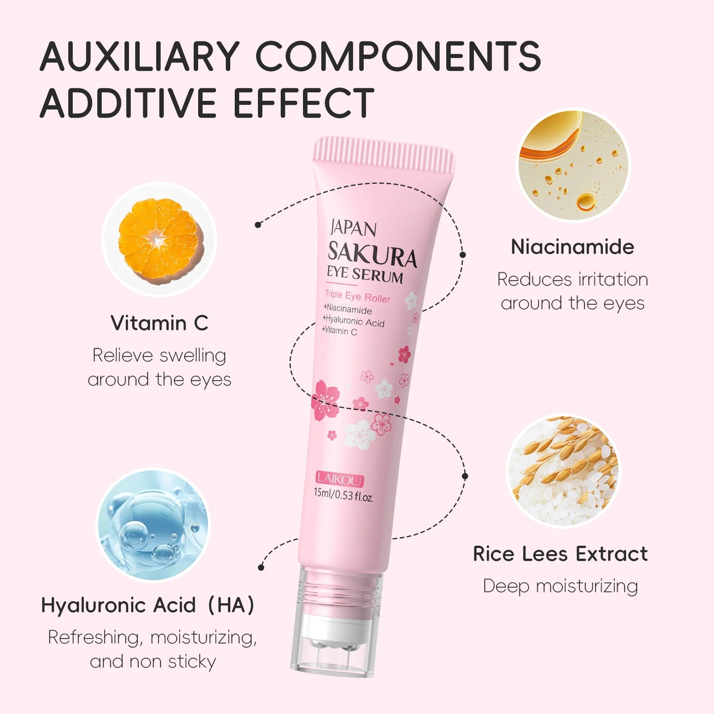 LAIKOU Sakura Roller Eye Serum – Hyaluronic Acid & Niacinamide Dark Circle & Eye Bag Treatment (15ml)