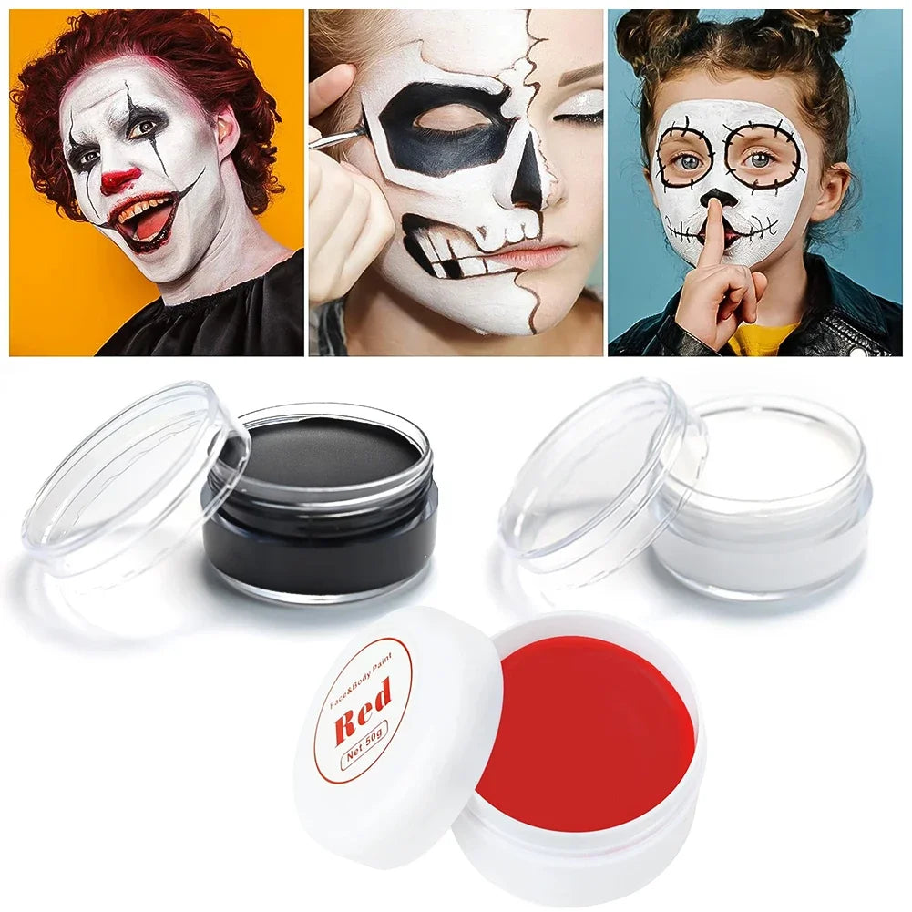 LAIKOU Face & Body Paint – Non-Toxic Halloween, Cosplay & Stage Makeup in White, Black & Red (3g / 10g / 50g)