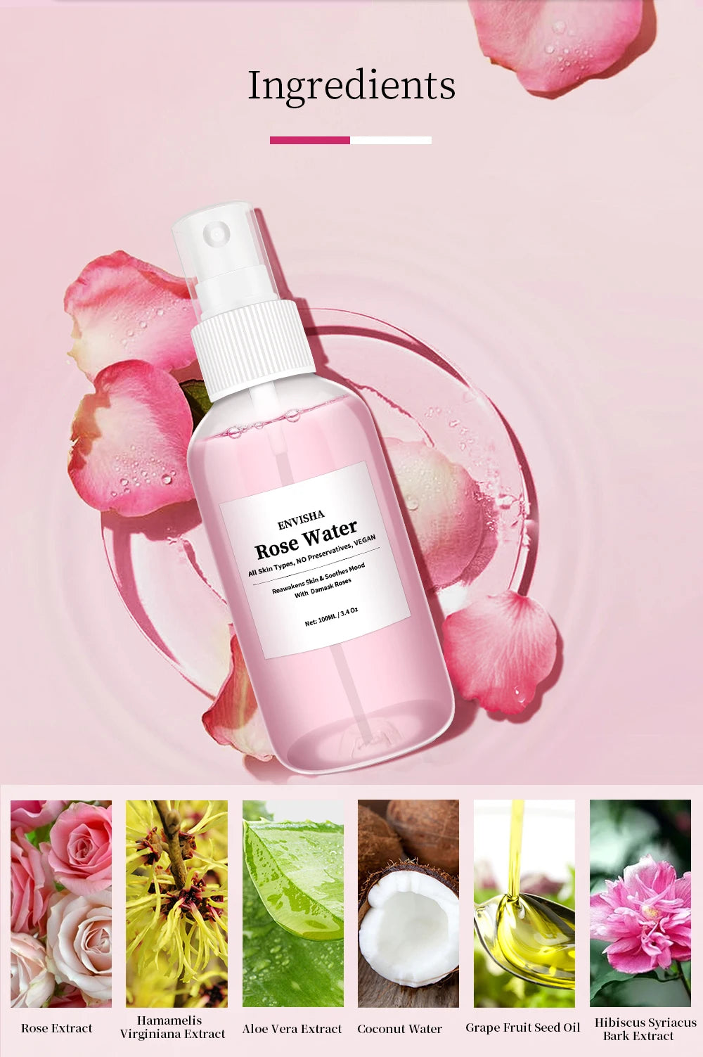 ENVISHA Rose Water Facial Toner – Organic Rose Petal Essence with Aloe Vera & Witch Hazel for Hydrating, Pore-Minimizing & Brightening (100ml)