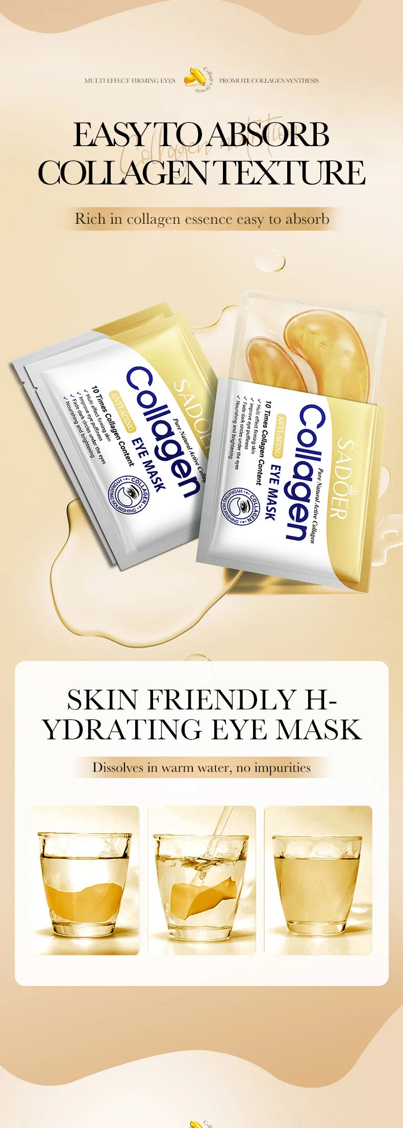 SADOER Crystal Collagen Eye Masks — 10 Pairs Anti Dark Circles, Puffiness & Moisturizing Eye Patches