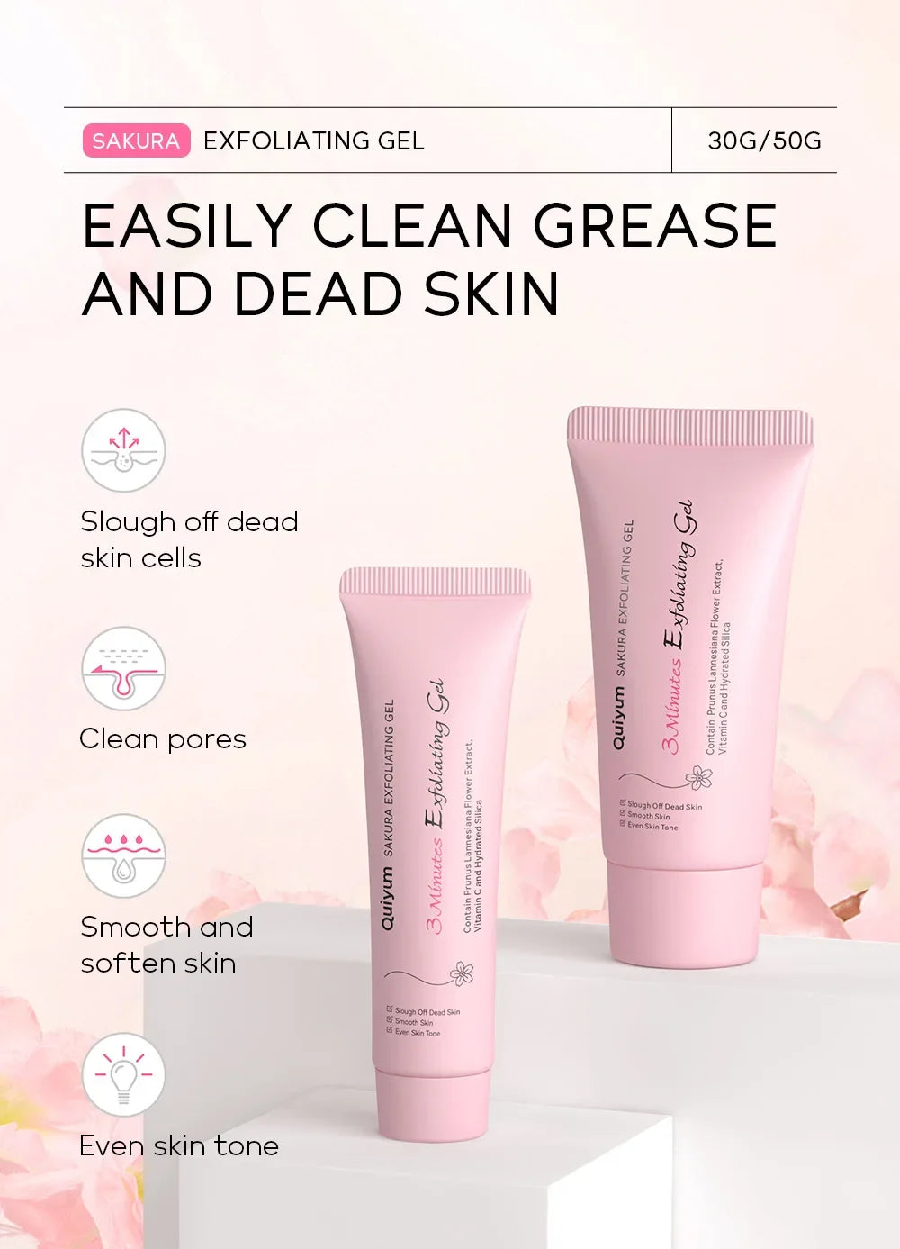 LAIKOU Sakura Exfoliating Peeling Gel – Moisturizing Facial Scrub with Vitamin C & Hyaluronic Acid (30g / 50g)