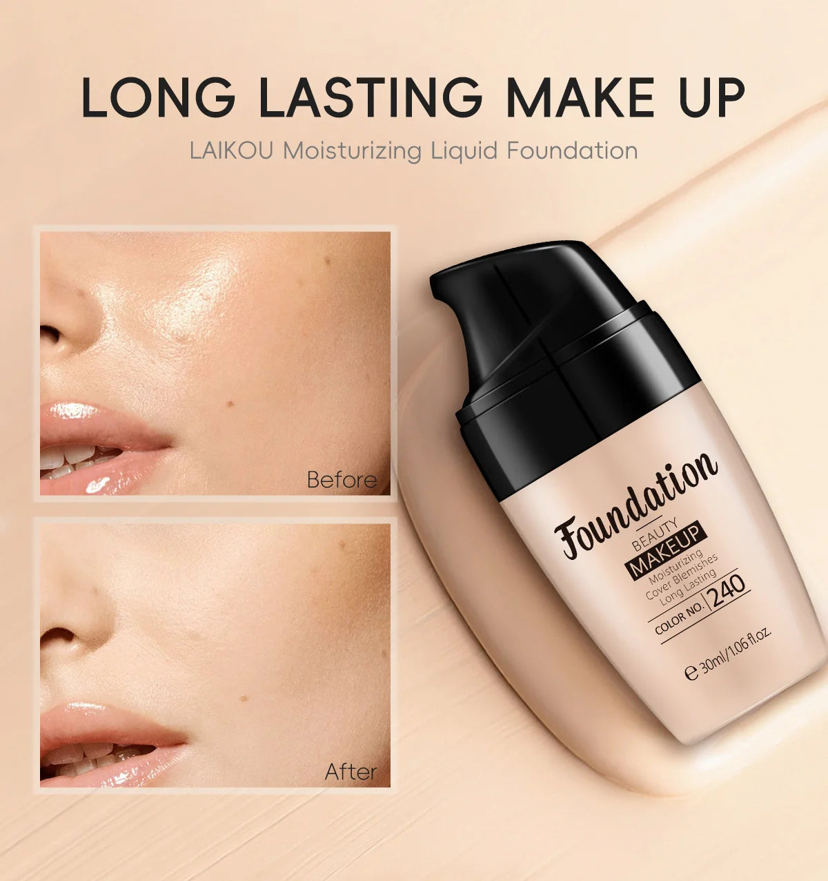 LAIKOU Liquid Foundation – Waterproof, Full Coverage & Long-Lasting Matte Base with Rose Oil (30ml)