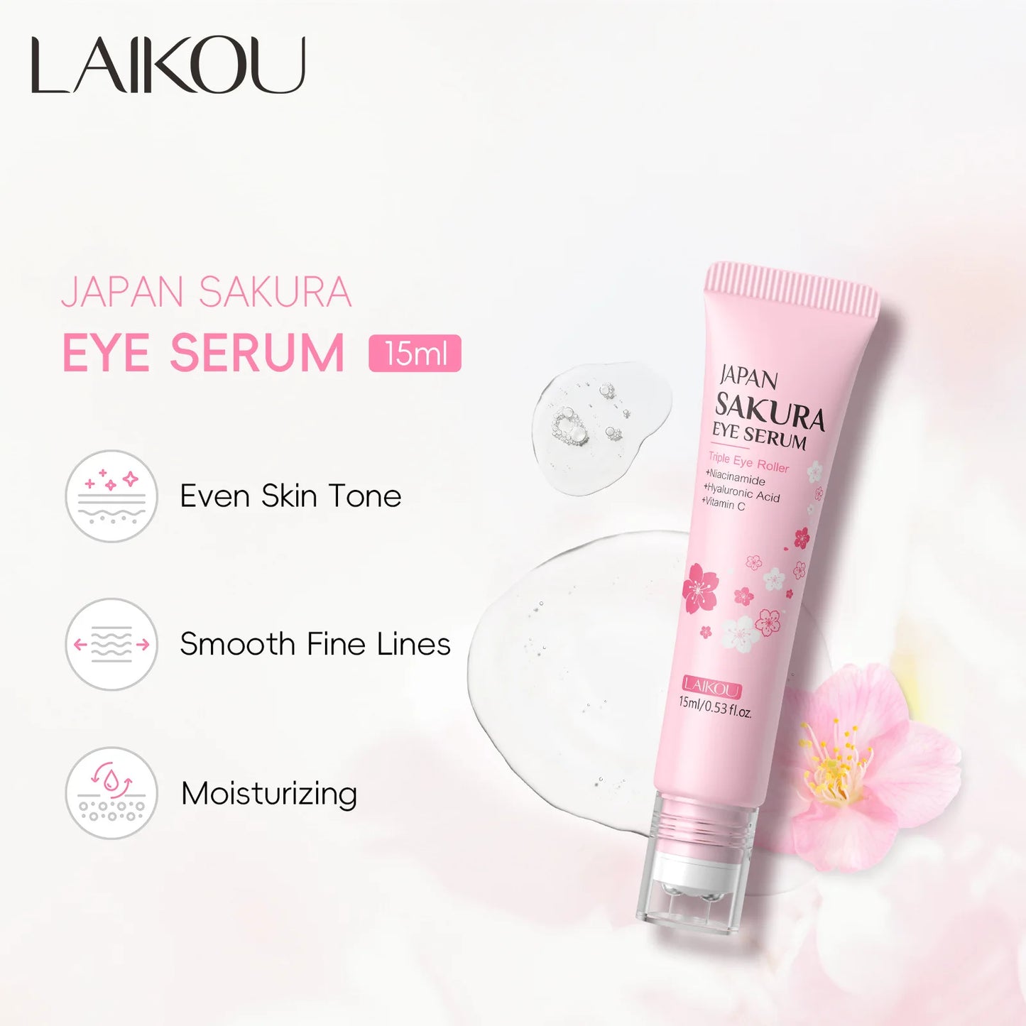 LAIKOU Sakura Roller Eye Serum – Hyaluronic Acid & Niacinamide Dark Circle & Eye Bag Treatment (15ml)