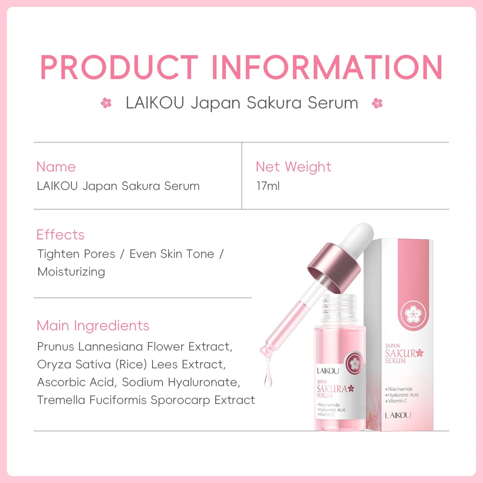 LAIKOU Sakura Brightening Face Serum – Hydrating & Pore Minimizing Essence (17ml / 30ml)