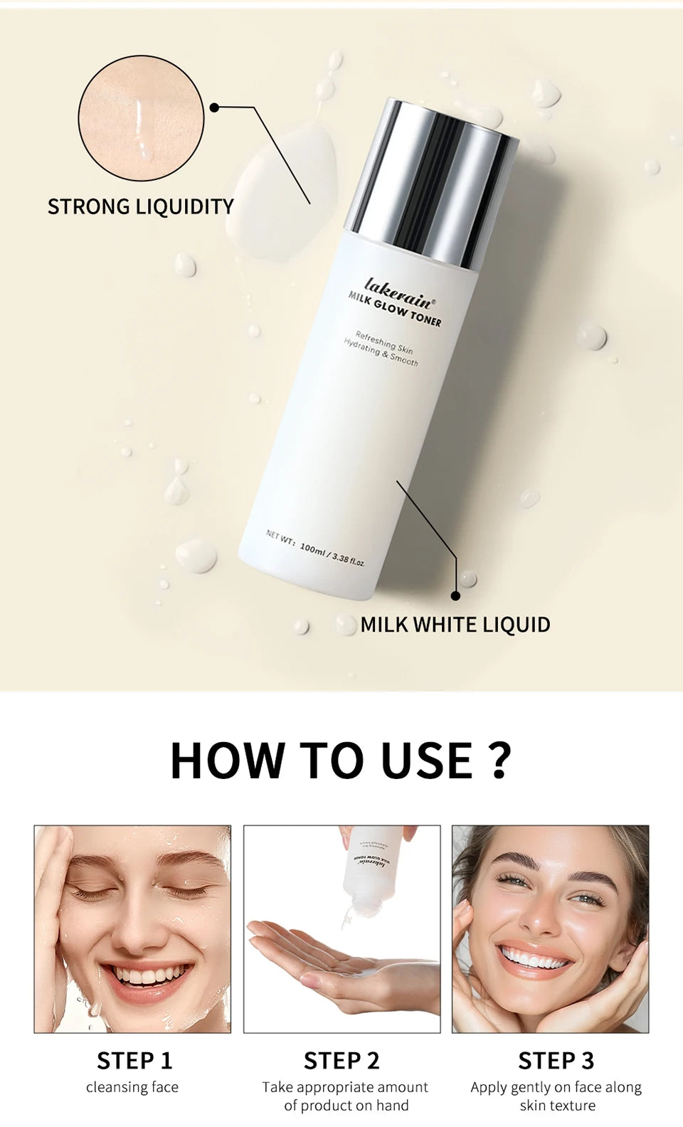 Lakerain Milk Glow Toner – Niacinamide Brightening & Deep Moisturizing Toner for Radiant, Hydrated Skin (100ml)