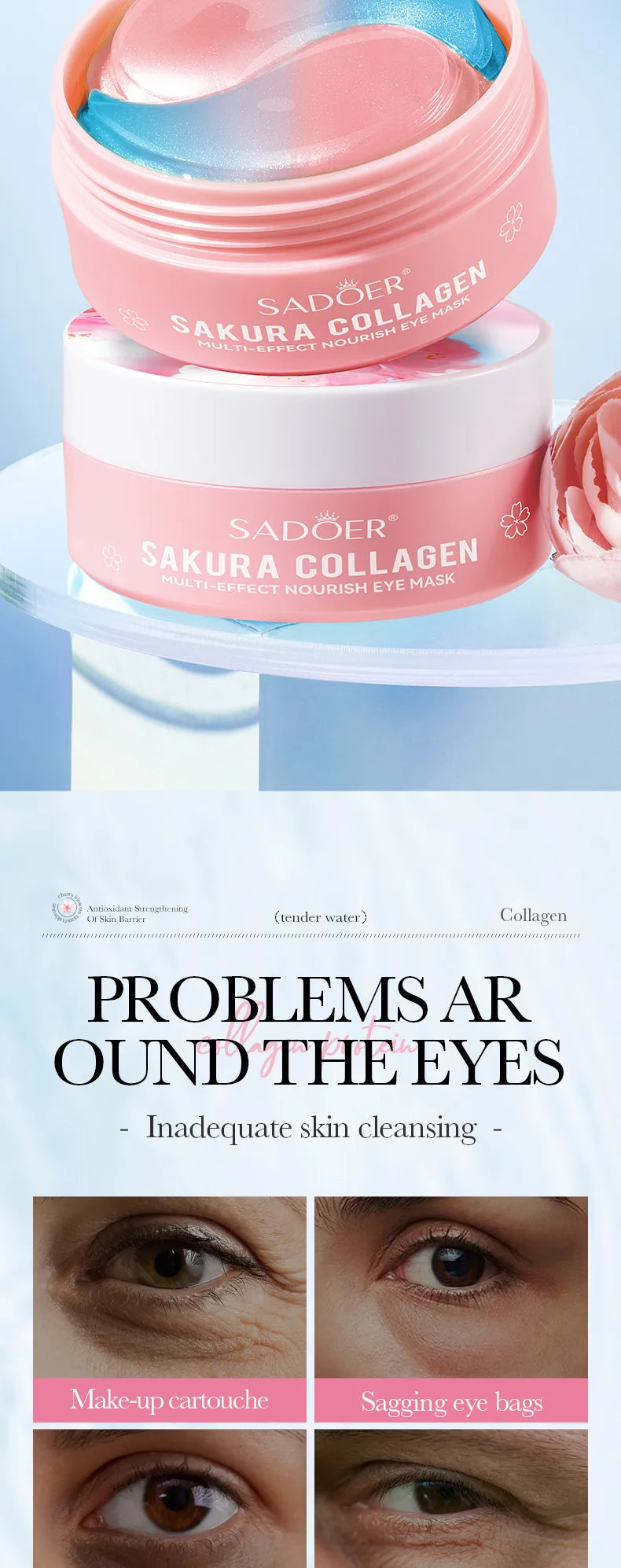 SADOER Sakura Collagen Eye Masks — 60 Pcs Anti Dark Circles & Puffiness Eye Patches