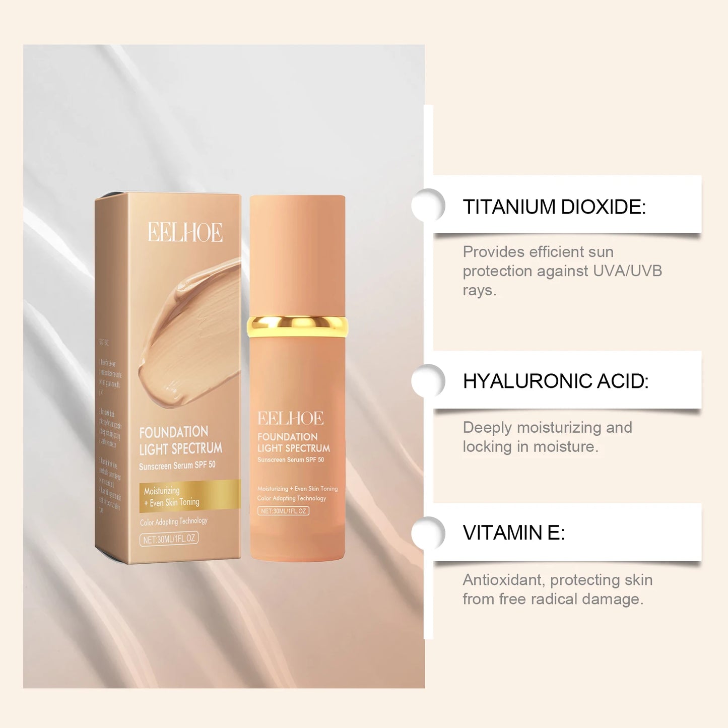 4-in-1 Color Changing Foundation SPF 50 – Waterproof, Full Coverage Concealer & Moisturizer 30ml