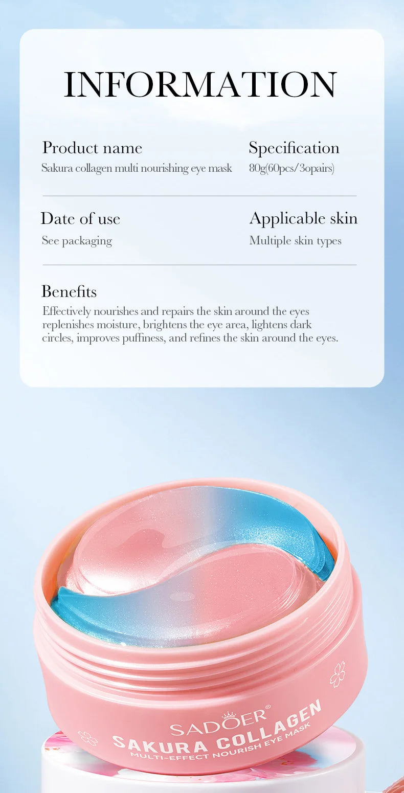 SADOER Sakura Collagen Eye Masks — 60 Pcs Anti Dark Circles & Puffiness Eye Patches