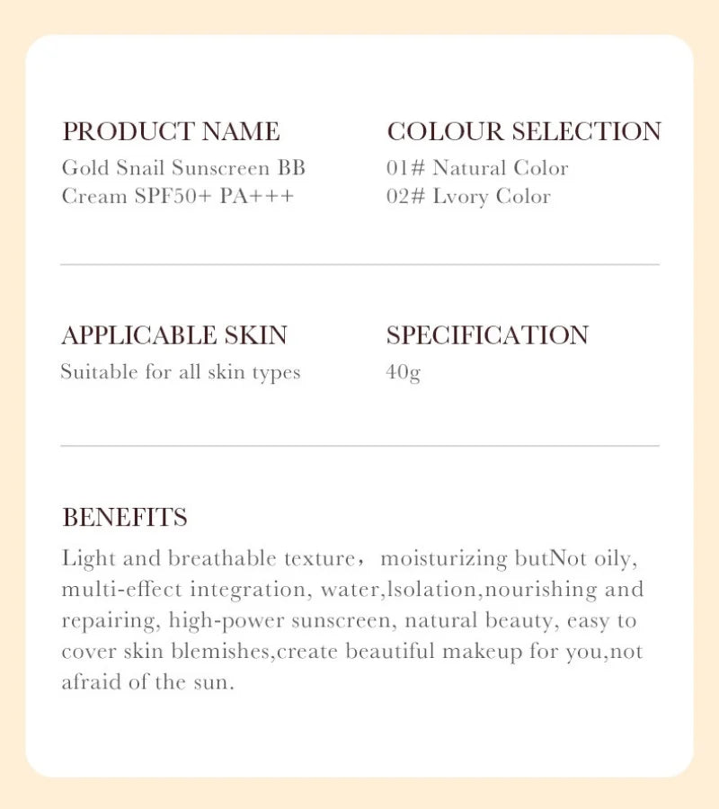 Sadoer Gold Snail BB Cream SPF50+ – 5-in-1 Foundation, Concealer, Moisturizer & Sunscreen | Buyer's Choice