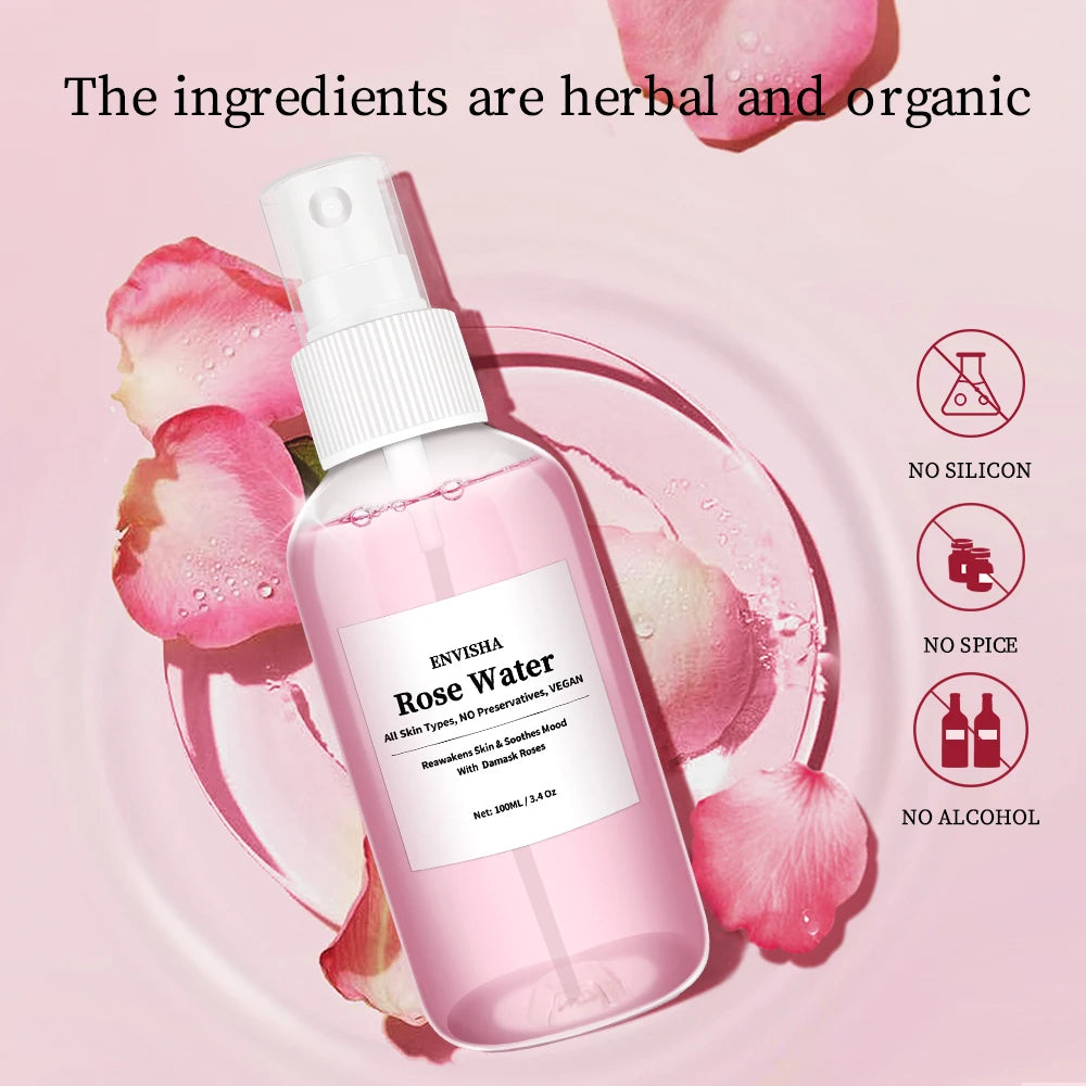 ENVISHA Rose Water Facial Toner – Organic Rose Petal Essence with Aloe Vera & Witch Hazel for Hydrating, Pore-Minimizing & Brightening (100ml)