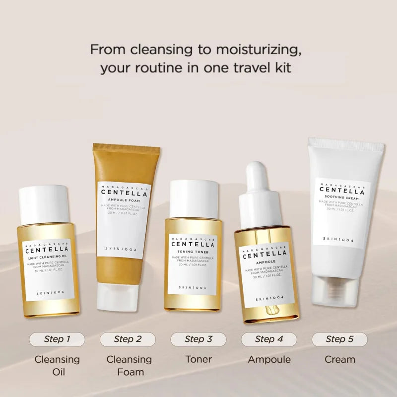 SKIN1004 Korean Centella Travel Kit – 5-Piece Mini Skincare Gift Set with Toner, Ampoule, Soothing Cream, Cleansing Oil & Foam