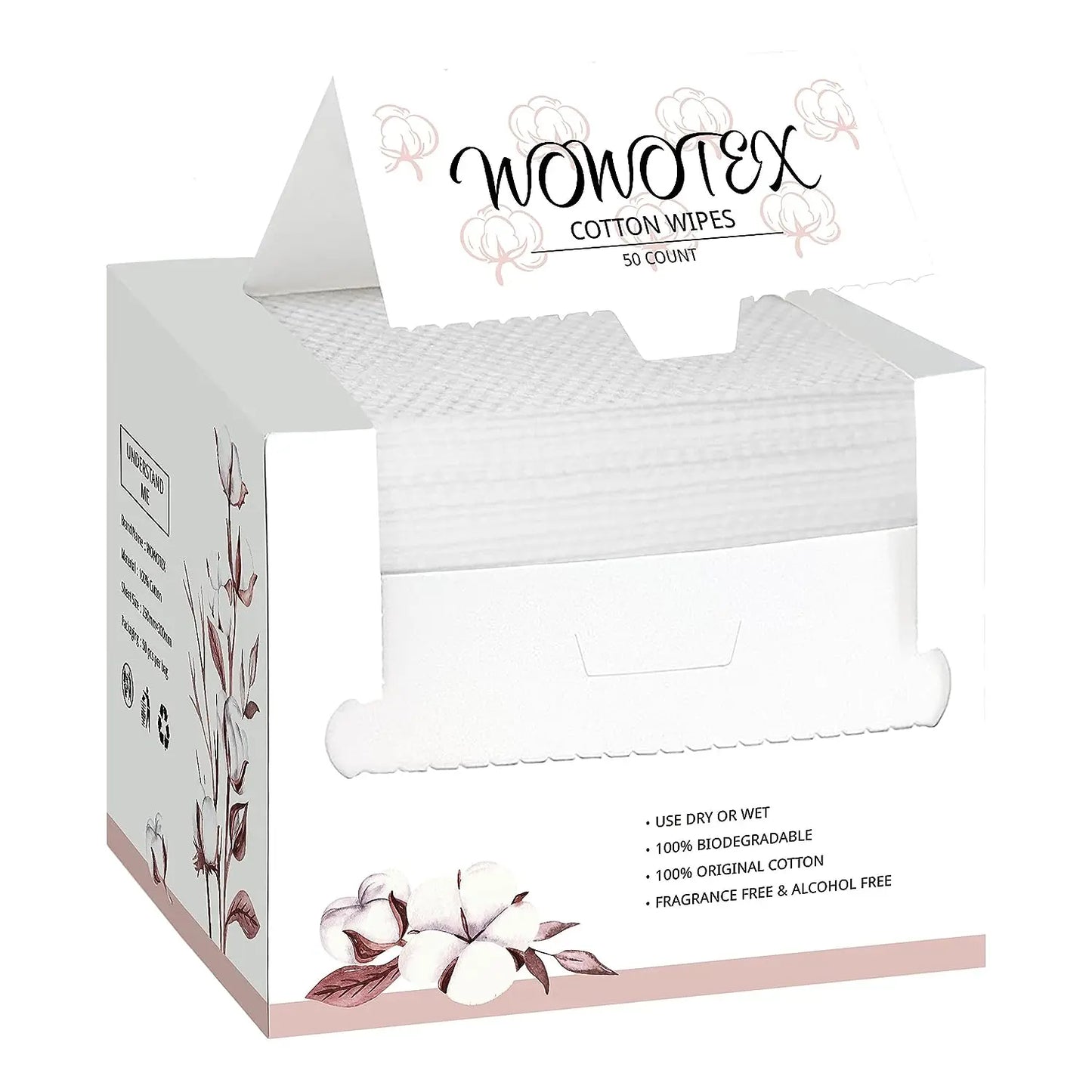 100% Cotton Disposable Face Towels – Biodegradable Dry Wipes for Sensitive Skin, 50 Count Box (12x10 in)