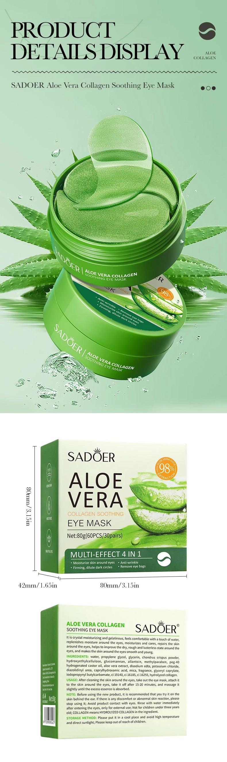SADOER Aloe Vera & Collagen Under-Eye Masks – Anti-Wrinkle & Dark Circle Patches, 60 Pieces