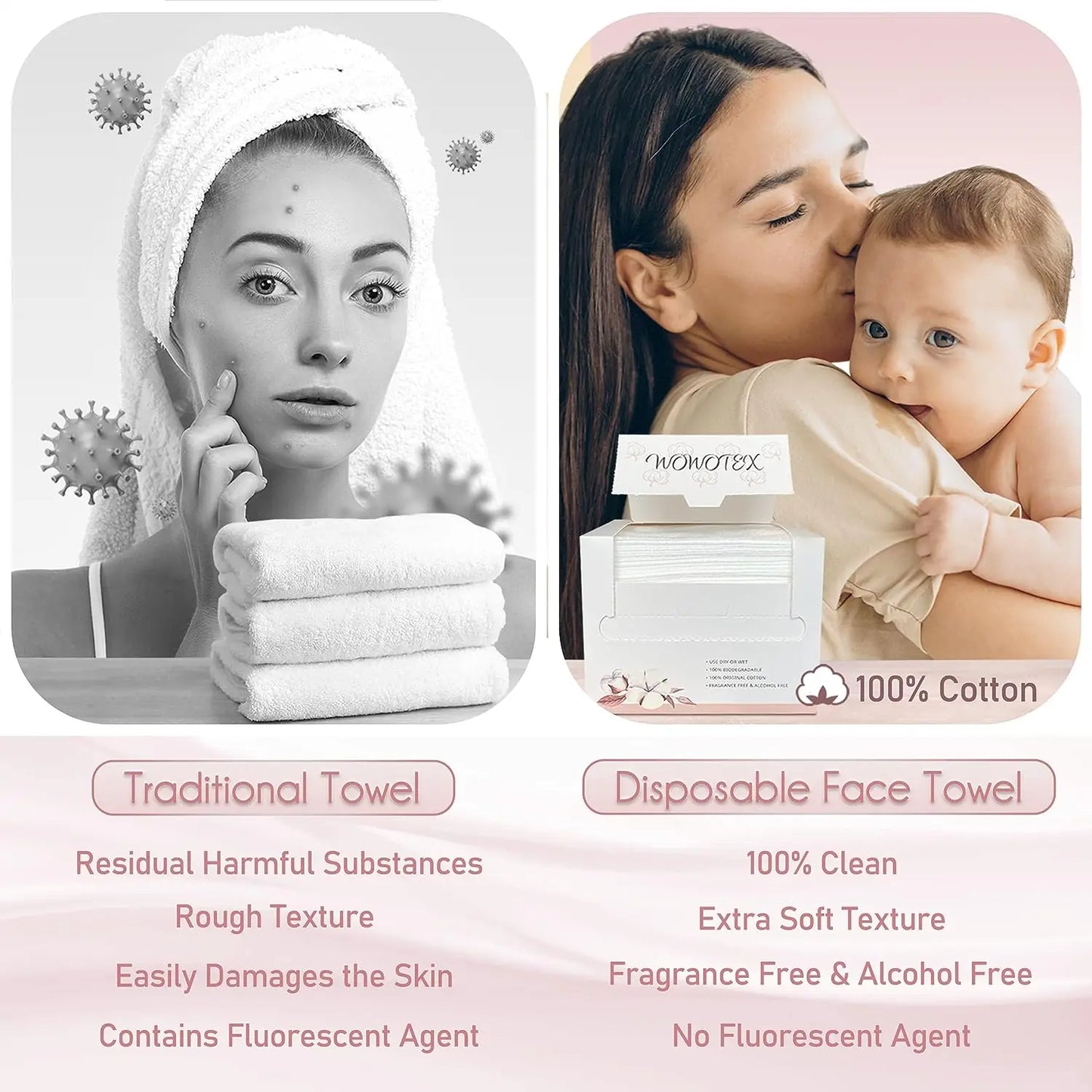 100% Cotton Disposable Face Towels – Biodegradable Dry Wipes for Sensitive Skin, 50 Count Box (12x10 in)