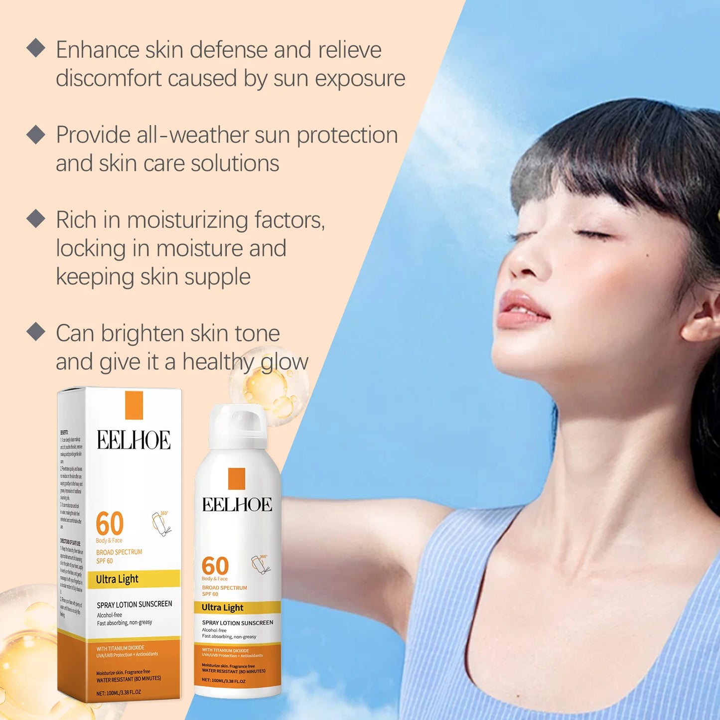 Eelhoe Vitamin E Sunscreen Spray 100ml – Long-Lasting UV Protection & Deep Moisturizing for Face