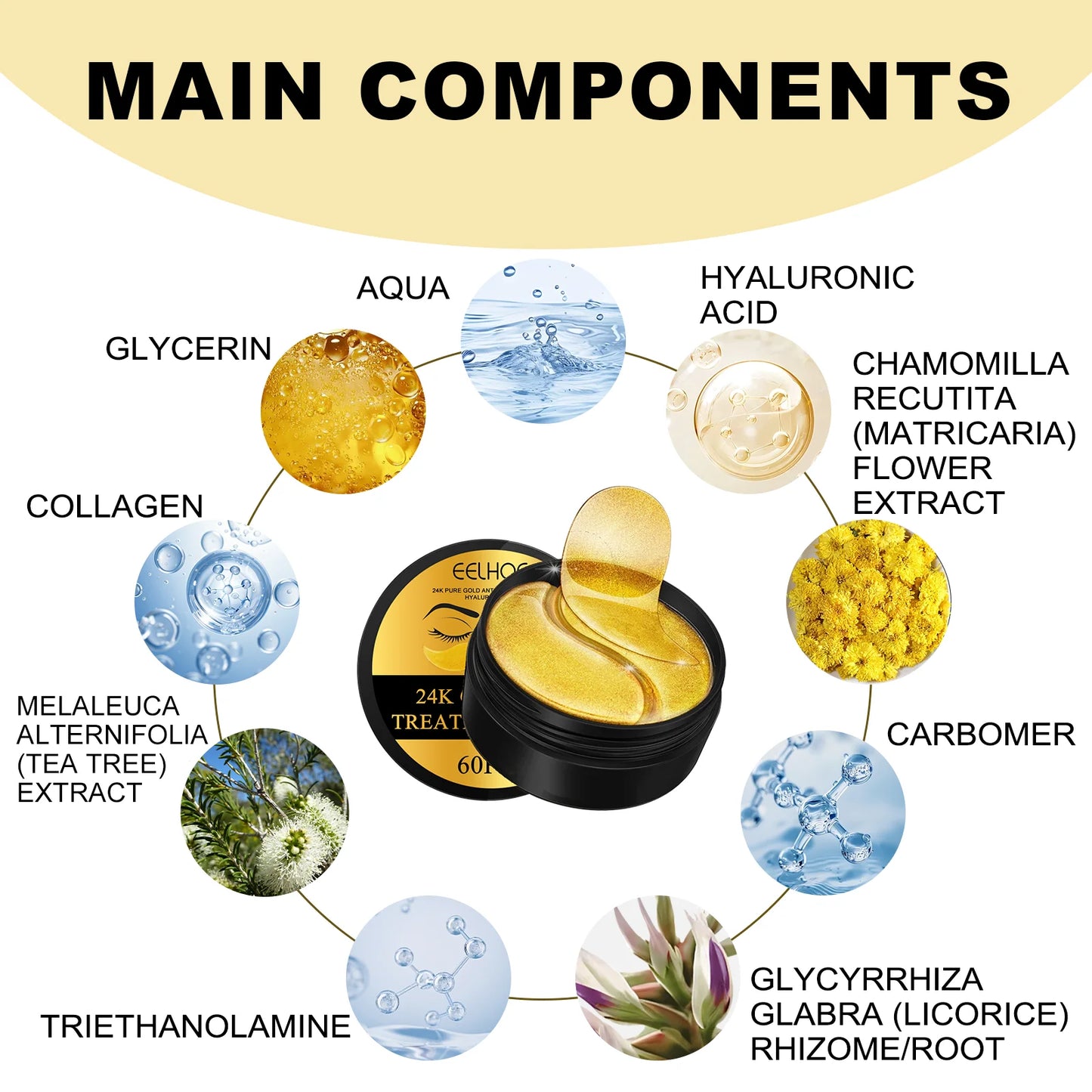 EELHOE 24K Gold Under Eye Patches – Anti-Aging Collagen & Hyaluronic Acid Eye Mask for Dark Circles & Puffiness (60 Pairs)