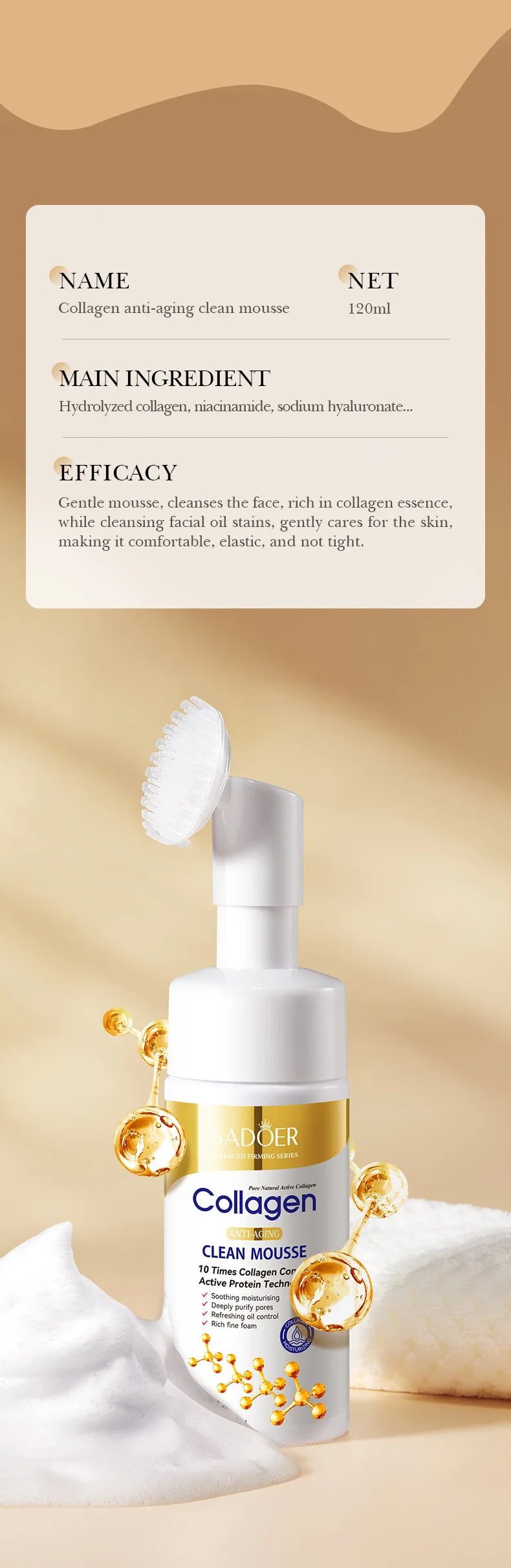 SADOER Collagen Facial Cleanser Mousse – Deep Cleansing & Firming Face Wash (120ml)