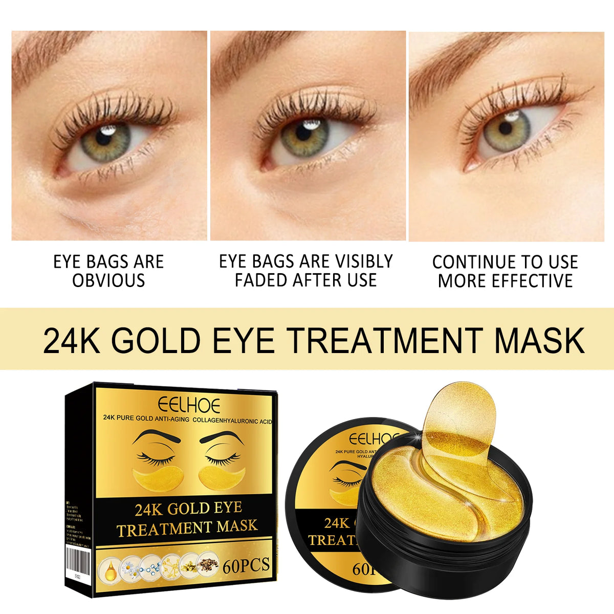 EELHOE 24K Gold Under Eye Patches – Anti-Aging Collagen & Hyaluronic Acid Eye Mask for Dark Circles & Puffiness (60 Pairs)