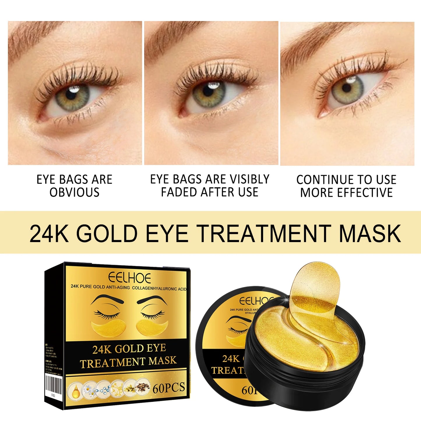 EELHOE 24K Gold Under Eye Patches – Anti-Aging Collagen & Hyaluronic Acid Eye Mask for Dark Circles & Puffiness (60 Pairs)