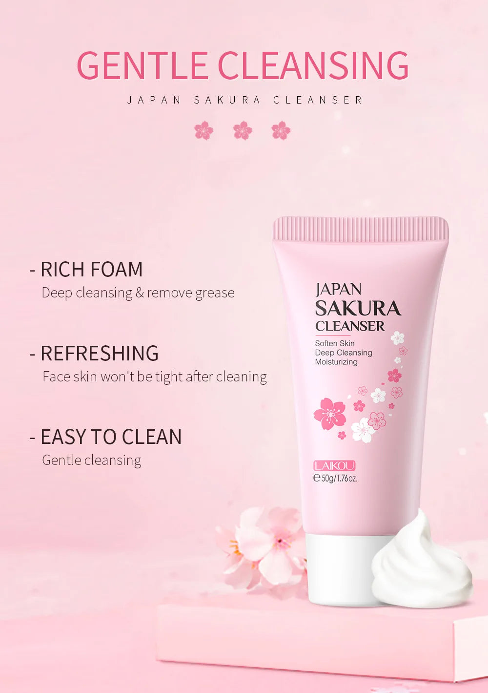 LAIKOU Sakura Facial Cleanser – Deep Cleansing, Oil Control & Brightening Face Wash (50g)