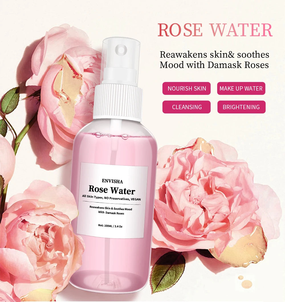 ENVISHA Rose Water Facial Toner – Organic Rose Petal Essence with Aloe Vera & Witch Hazel for Hydrating, Pore-Minimizing & Brightening (100ml)