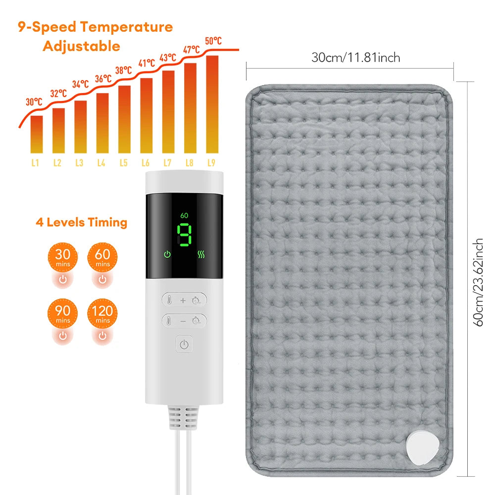 Electric Heating Pad for Period Cramps & Muscle Relief – 60×30cm, 9/10 Heat Levels, Washable | EU/US/UK Plug