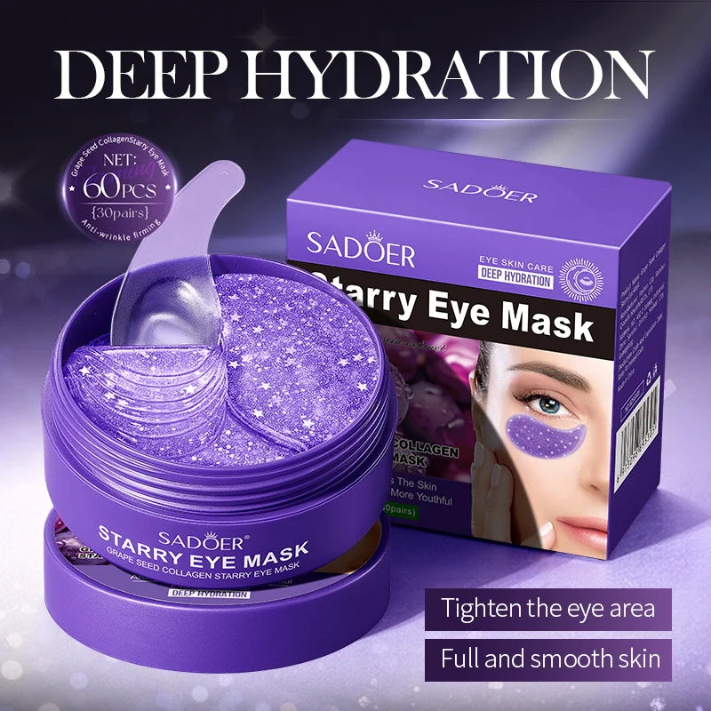 SADOER Grape Crystal Collagen Eye Masks — 60 Pcs Anti Dark Circles, Anti-Aging & Moisturizing Eye Patches