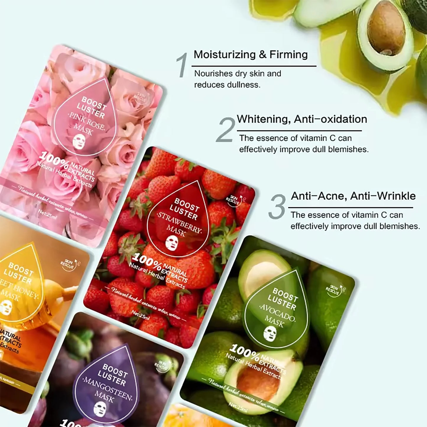 AILKE Brightening Hydrating Facial Mask – Vitamin C, Hyaluronic Acid & Collagen | Anti-Aging 10pcs