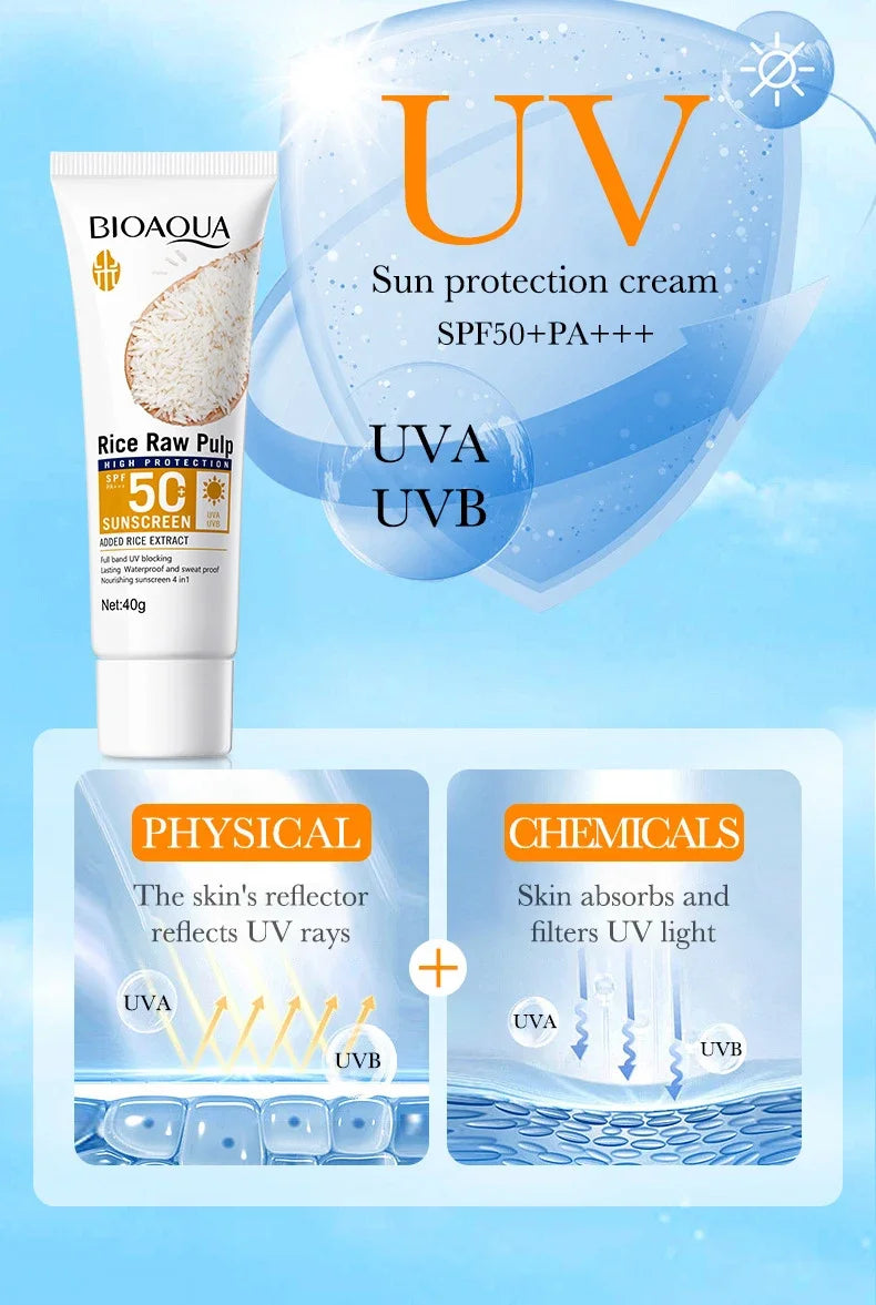 BioAqua Rice Pulp Sunscreen SPF50+ – Brightening Face, Body, Neck & Back Sun Cream