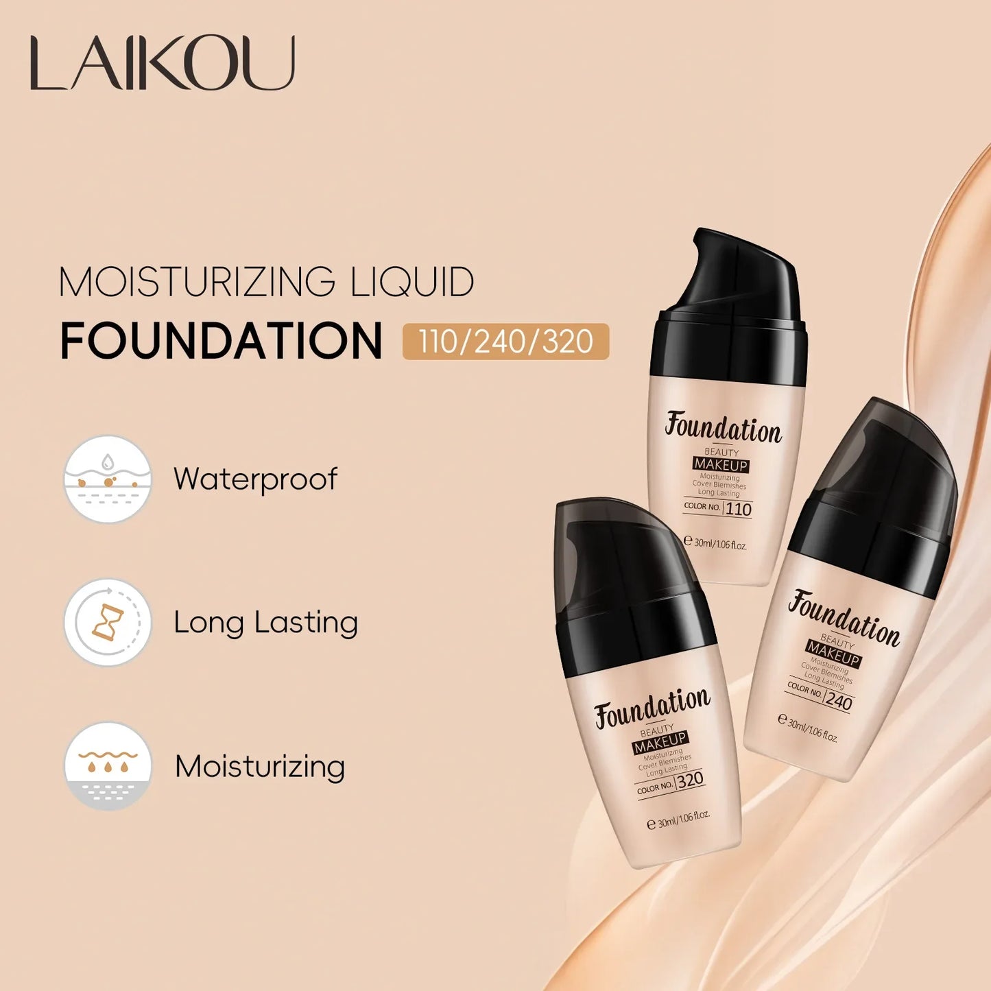 LAIKOU Liquid Foundation – Waterproof, Full Coverage & Long-Lasting Matte Base with Rose Oil (30ml)