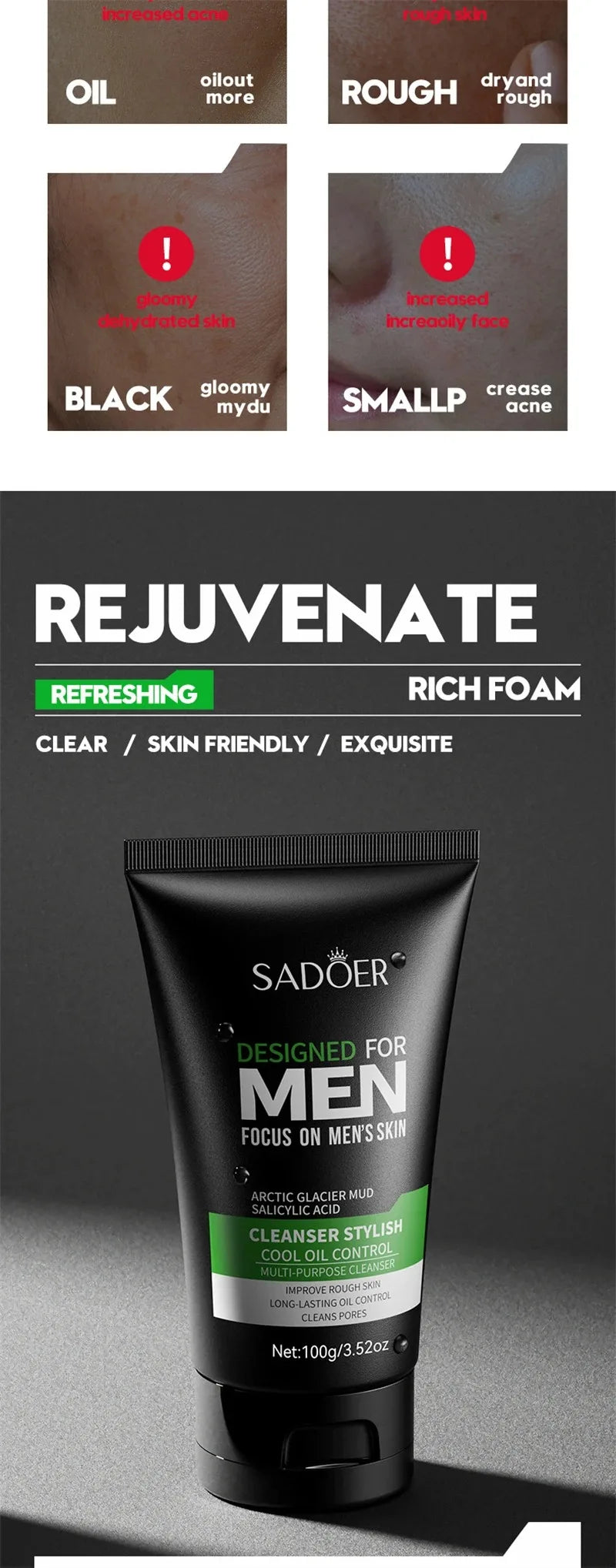 SADOER Men's Deep Cleansing Facial Cleanser – Oil Control, Blackhead Removal & Pore Minimizer (100g)