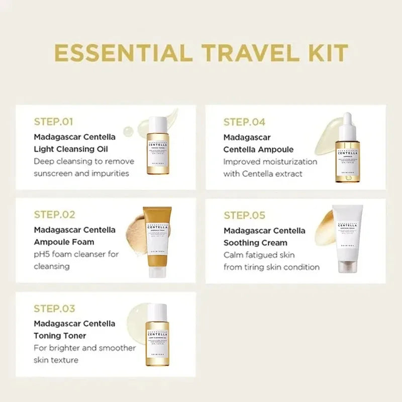 SKIN1004 Korean Centella Travel Kit – 5-Piece Mini Skincare Gift Set with Toner, Ampoule, Soothing Cream, Cleansing Oil & Foam
