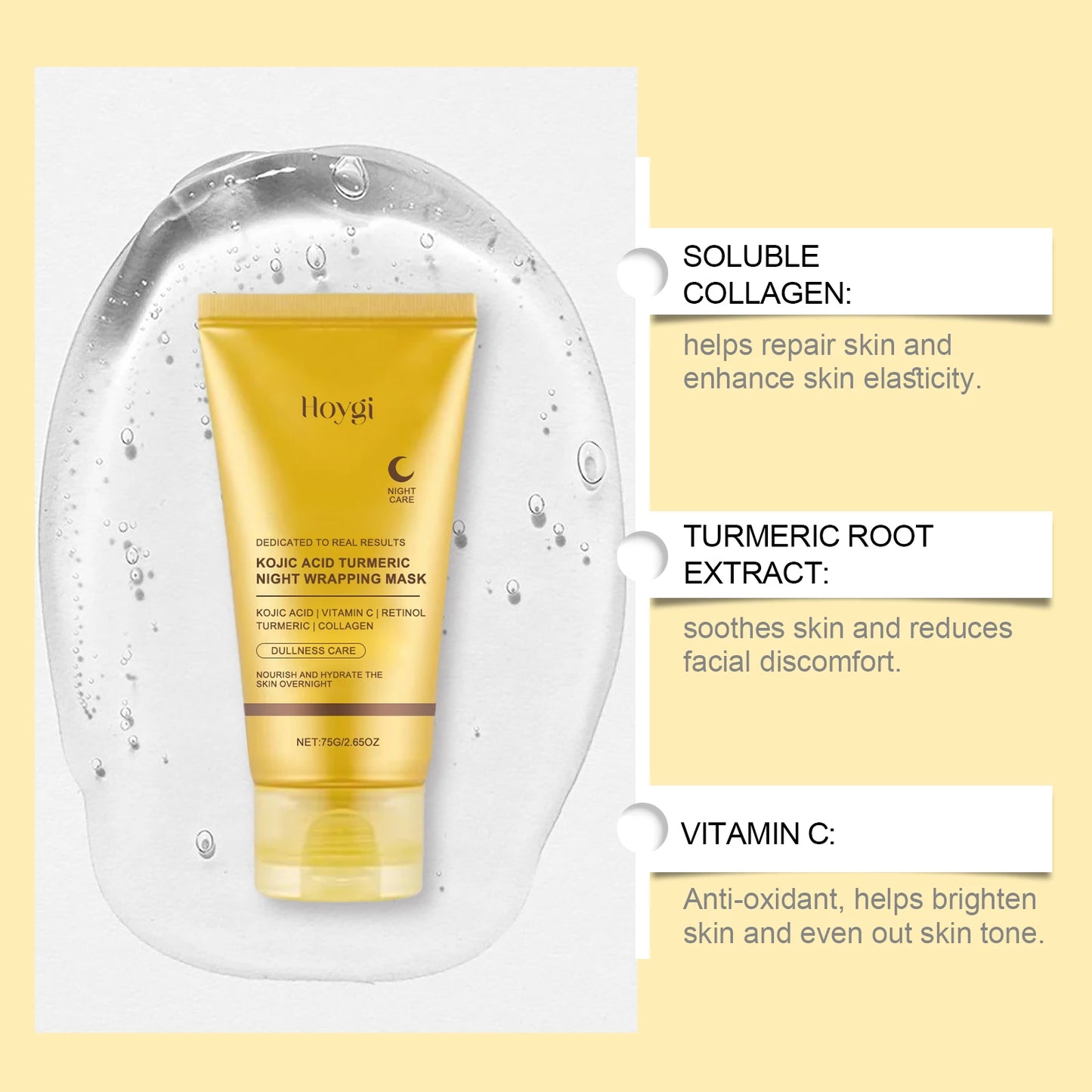 HOYGI Kojic Acid & Turmeric Overnight Peel-Off Face Mask – Anti-Aging, Brightening & Pore-Minimizing Treatment for Women (75g)