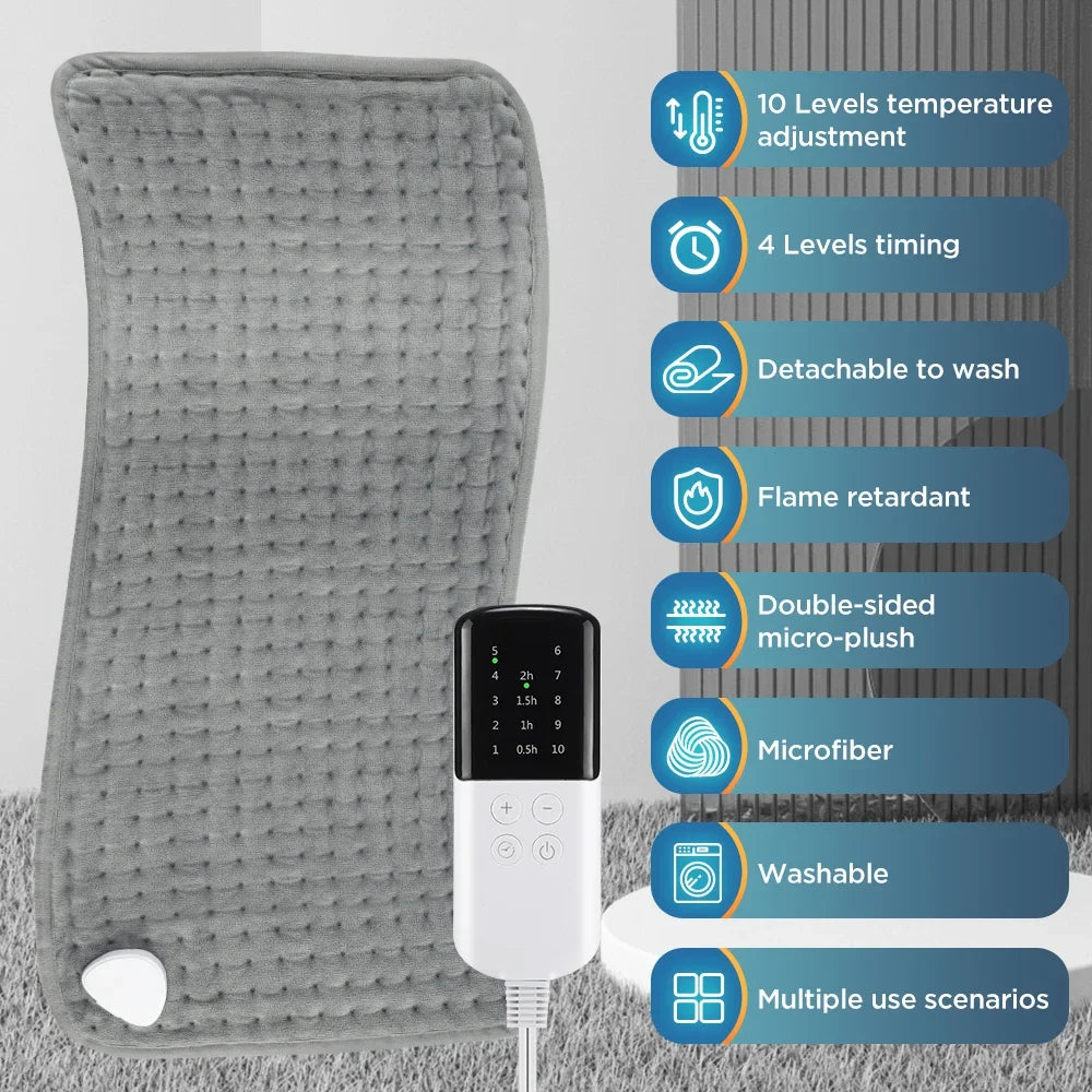 Electric Heating Pad for Back, Hands & Legs – 10 Heat Levels, 4 Timer Settings, Machine Washable