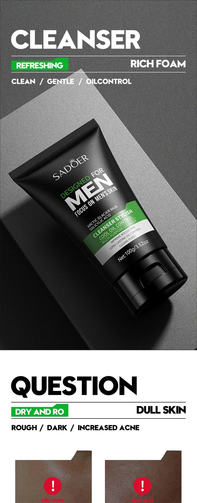 SADOER Men's Deep Cleansing Facial Cleanser – Oil Control, Blackhead Removal & Pore Minimizer (100g)